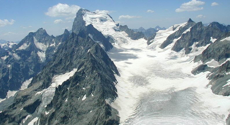 Glacier Blanc on Barre des Ecrins ( 4102 metres ) in the French Alps