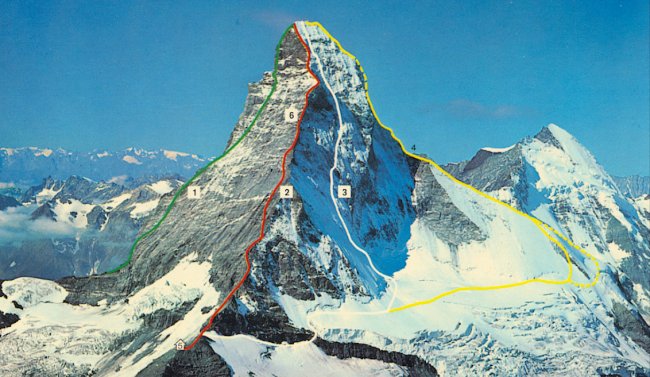 Ascent routes on the Matterhorn ( 4484 metres ) in the Zermatt Region of the Swiss Alps