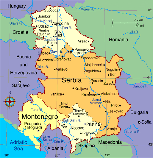 Map of Serbia, Kosovo and Montenegro