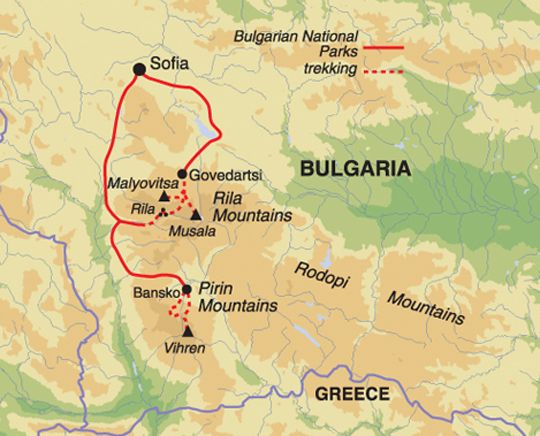 Route Map for Mount Musala and the Pirin Mountains of Bulgaria