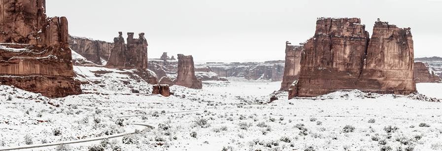 The Three Gossips in Courthouse Towers area of Arches National Park in winter