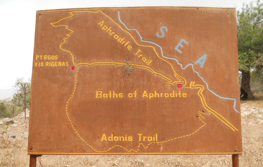Signpost with route map of the Adonis Trail in the Akamas Heights of western Cyprus