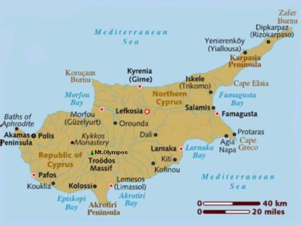 Tourist Map of the Mediterranean Island of Cyprus