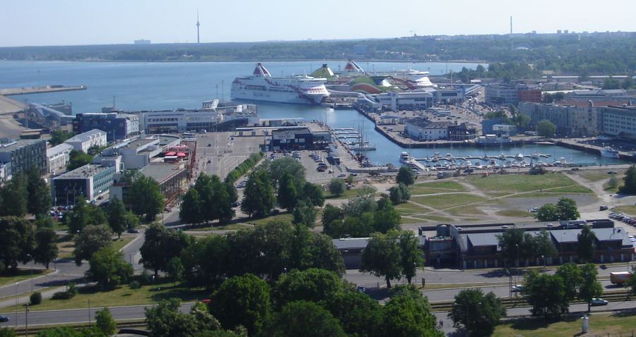 View over Tallinn - - Cruise Ship at Docks - Marina