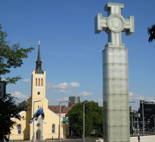 St. John's Church and the Monument to the War of Independence in Freedom Square ( Vabaduse vljak ) in Tallin - capital City of Estonia