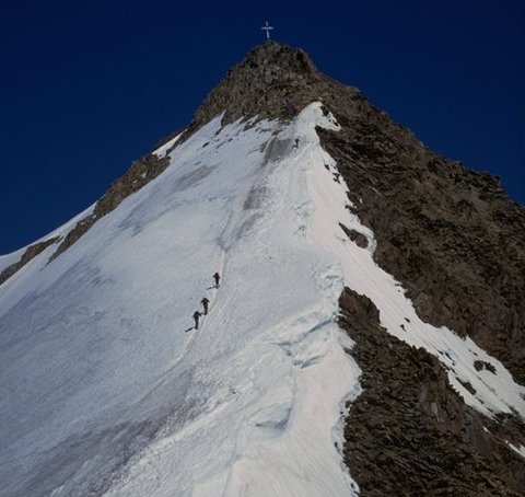 Approaching summit of the Wildspitze in the Otztal Alps of Austria