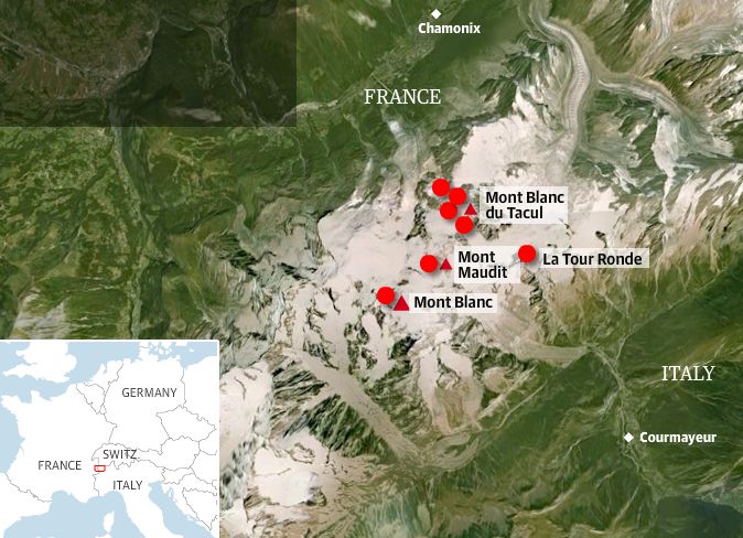 Location map of deaths on the Mont Blanc Massif