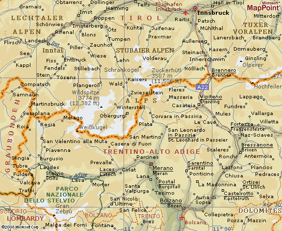 Location map for Zuckerhutl in the Stubai Alps of the Austrian Tyrol