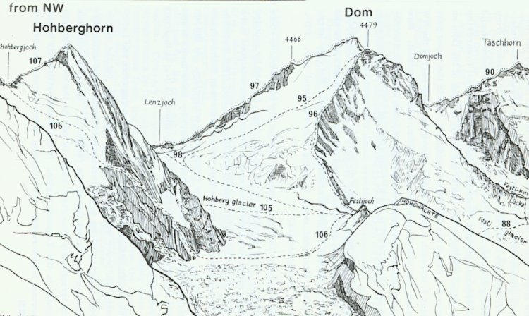 Ascent routes for the Dom de Mischabel in the Zermatt ( Valais ) Region of the Swiss Alps