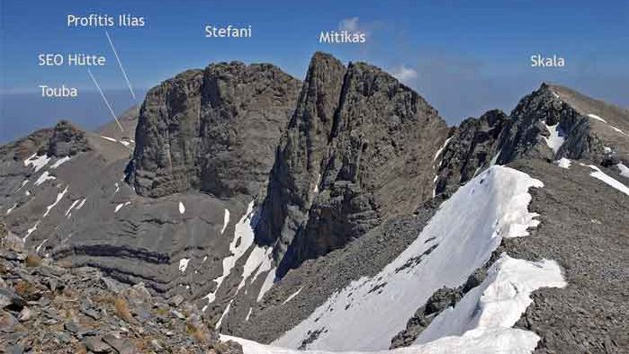 Throne of Zeus ( Stephanie Peak ), Mytikas Peak (summit ), Skala Peak on Mt. Olympus