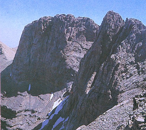 Throne of Zeus ( Stephanie Peak ) and Mytikas Peak (summit ) on Mount Olympus - home of the gods - highest mountain in Greece
