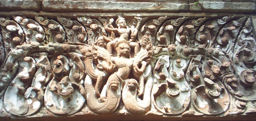 A lintel showing Vishnu on Garuda on the wall of The Sanctuary at Wat Phu in Champasak Province in Southern Laos