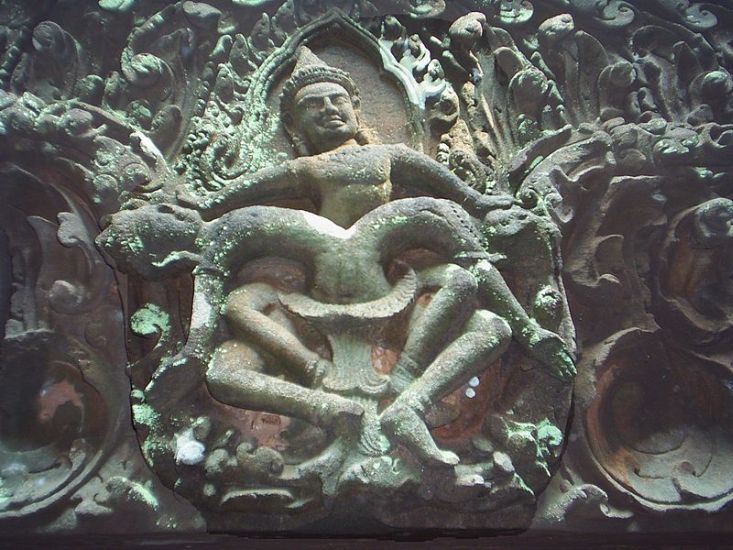 A lintel showing Krishna killing Kaliys on the wall of The Sanctuary at Wat Phu in Champasak Province in Southern Laos