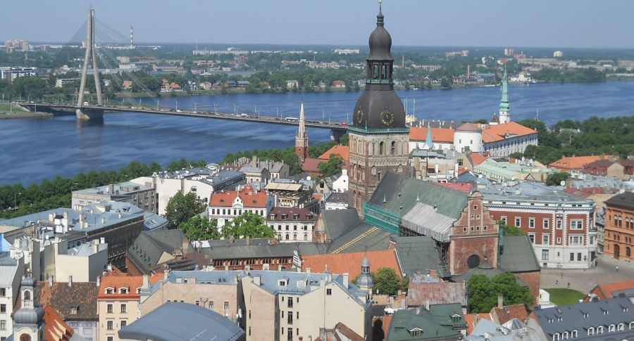 Vansu Bridge over River Daugava and Dom Cathedral from St. Peter's Church