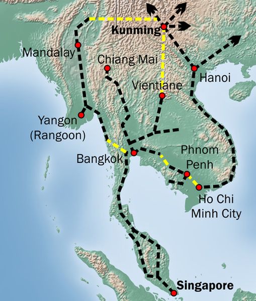 Map of SE Asia: Kunming Singapore Railway