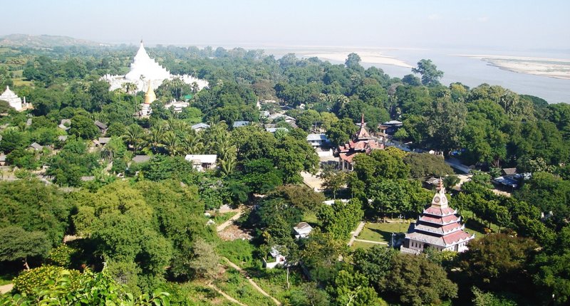 View of Mingun Temples and Irrawaddy River from Mingun Paya near Mandalay in northern Myanmar / Burma