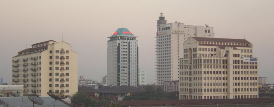 Modern High Rise Buildings in central Yangon ( Rangoon ) in Myanmar ( Burma )