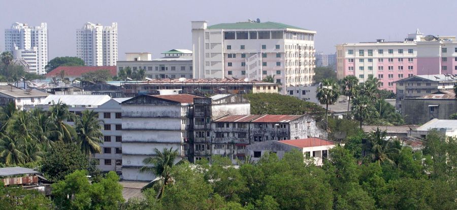 Modern High Rise Buildings in central Yangon ( Rangoon ) in Myanmar ( Burma )