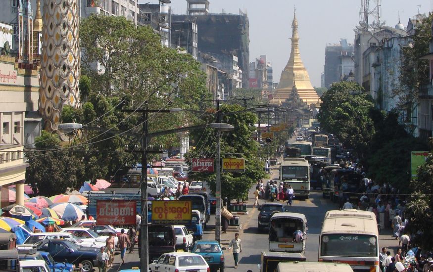Mahabandoolah Street and Sule Pagoda in central Yangon