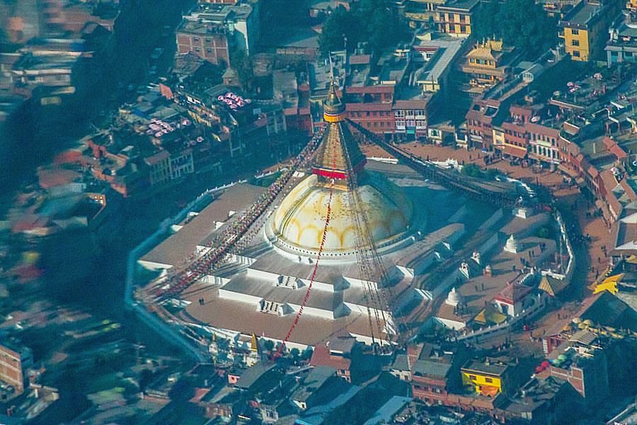 Aerial view of Buddhist Stupa at Bodnath ( Baudhanath ) in Kathmandu