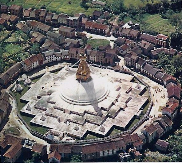 Aerial view of Buddhist Stupa at Bodnath ( Baudhanath ) illuminated at night in Kathmandu