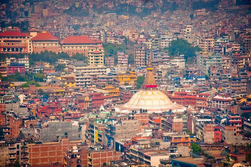 Aerial view of Buddhist Stupa at Bodnath ( Baudhanath ) illuminated at night in Kathmandu