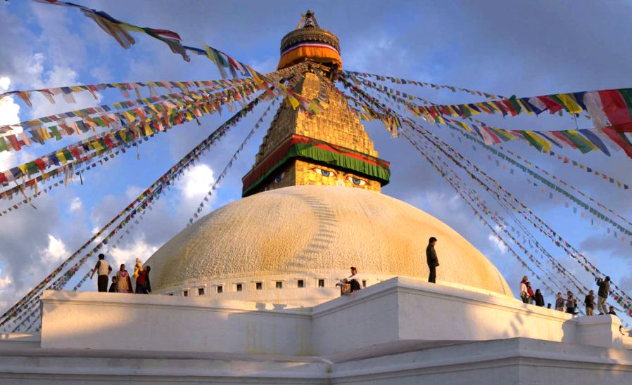 Prayer Flags on Buddhist Stupa at Bodnath ( Baudhanath ) in Kathmandu