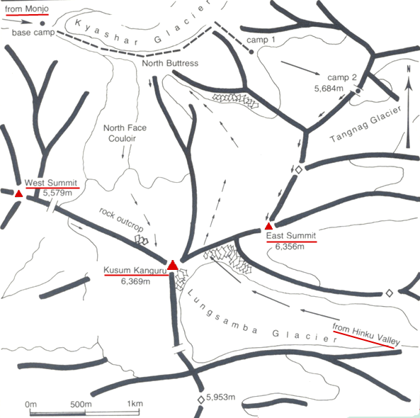 Map of Ascent Routes for Kusum Kanguru