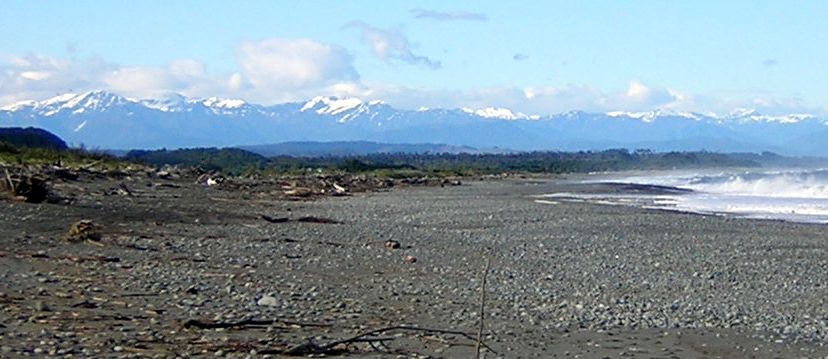 Southern Alps from seafront at Greymouth on the Tasman Sea coastline of the South Island
