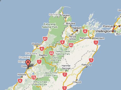 Location Map for Greymouth on the Tasman Sea coastline of the South Island