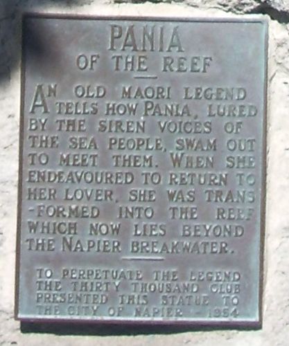 Plaque on Pania Of The Reef Statue in Napier on North Island of New Zealand