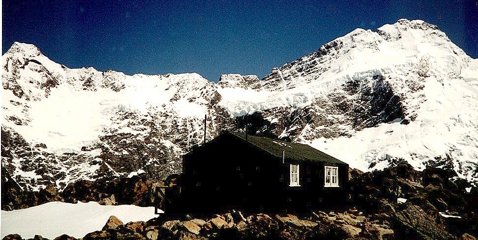Mueller Hut beneath Mt. Sefton in the New Zealand Alps