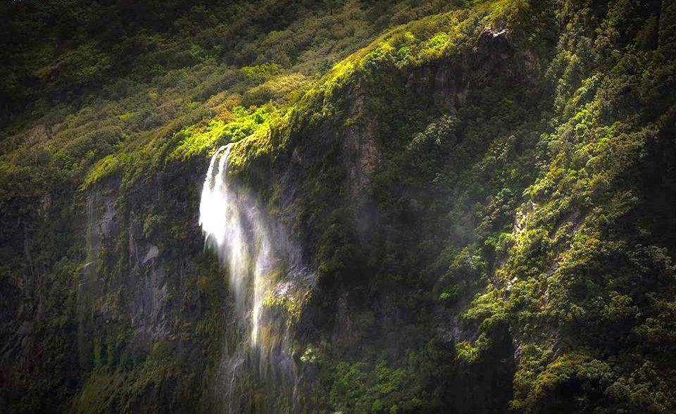 Waterfall in Fjordland of the South Island of New Zealand