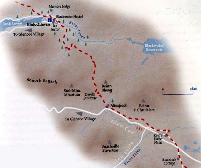 Route map of The West Highland Way from Kings House Hotel to Kinlochleven