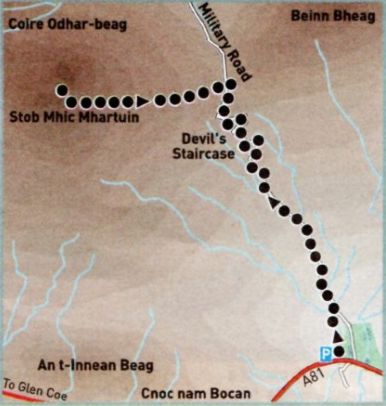 Route description and map for the Devil's Staircase above Glencoe from the WestHighland Way
