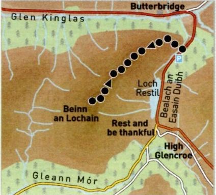 Route Map for Beinn an Lochain in the Arrochar Alps region of the Southern Highlands of Scotland