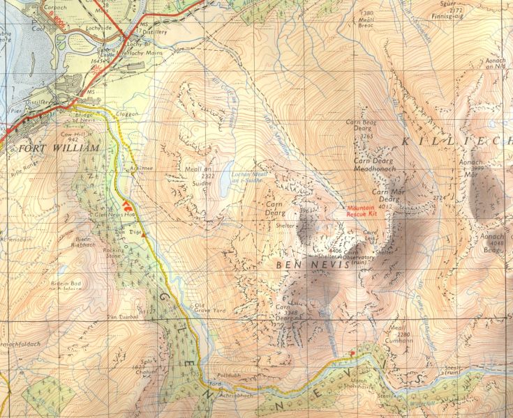 Map of Ben Nevis showing the Allt a Mhuilinn approach to Tower Ridge