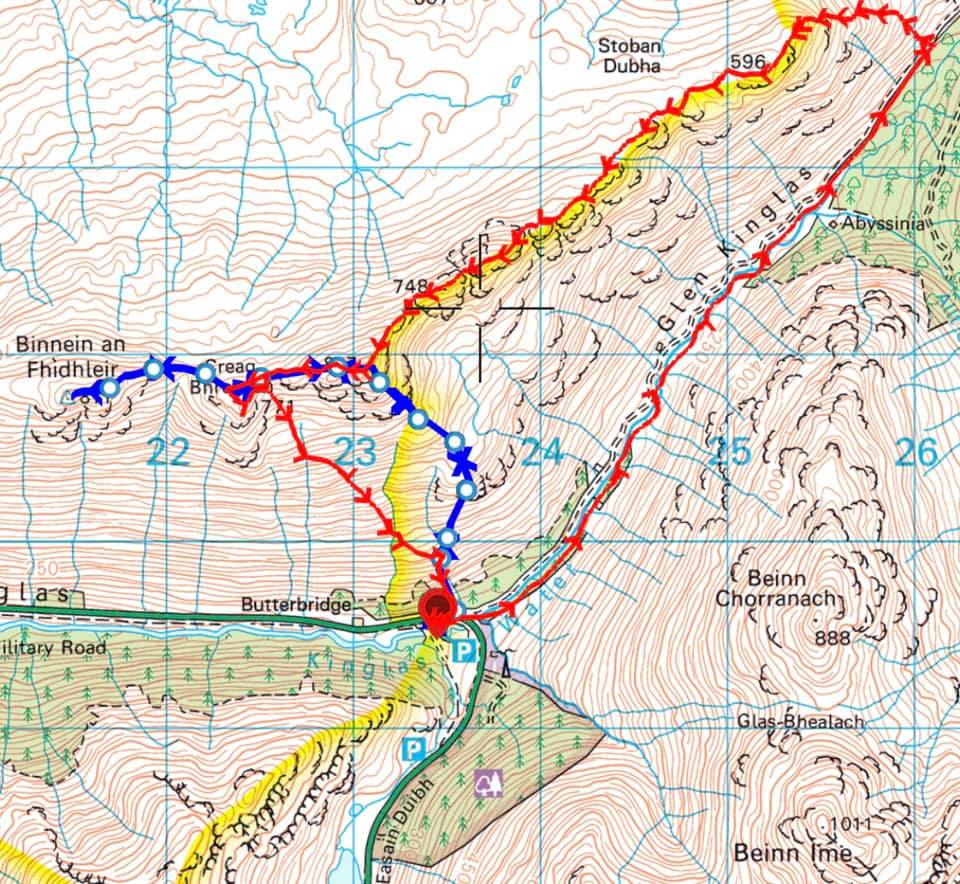 Routes for Binnein an Fhidhleir above Glen Kinglas in the Southern Highlands of Scotland