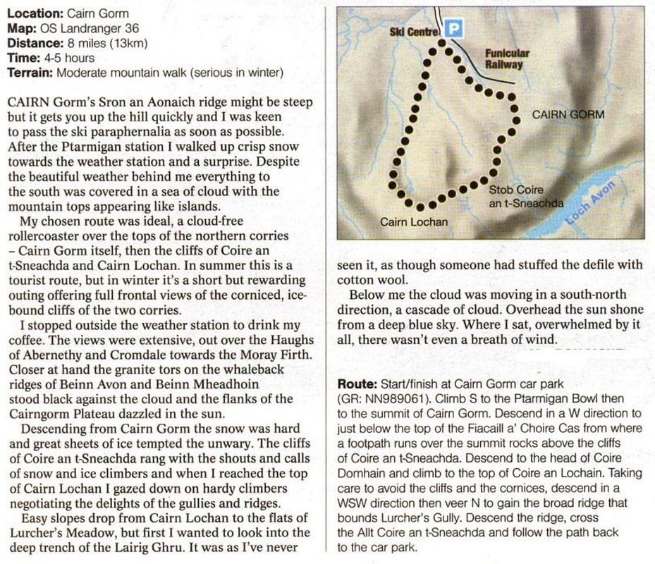 Map and Route Description for Cairn Lochan circuit in the Cairngorm Mountains of Scotland