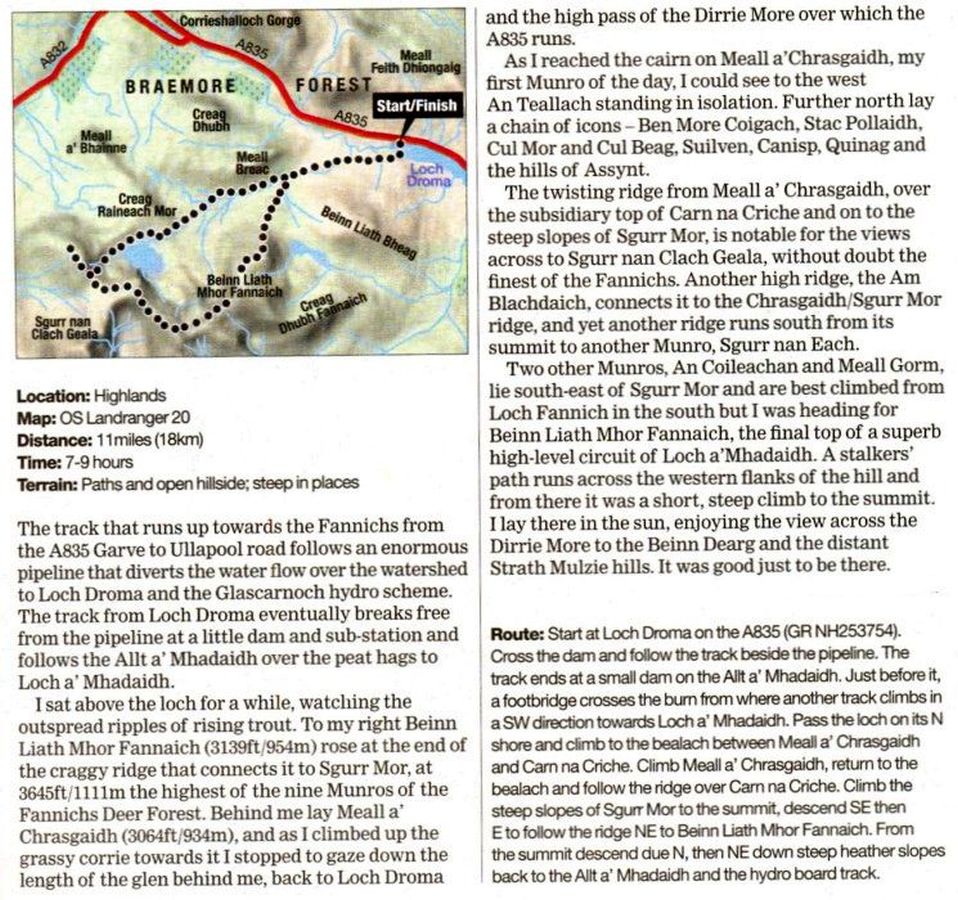 Map and Route Description of The Fannichs in the North West Highlands of Scotland