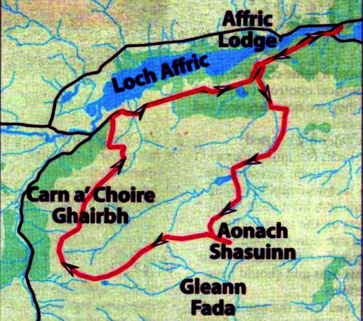 Route Map of Aonach Shasuinn and Carn a' Choire in Glen Affric