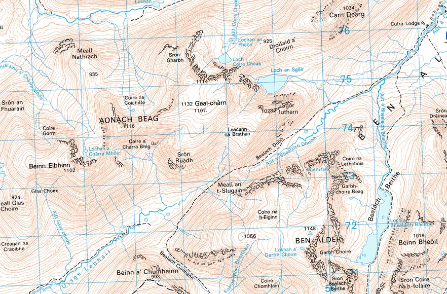 Map of Carn Dearg, Geall Charn, Aonach Beag, Beinn Eibhinn, Ben Bheoil and Ben Alder
