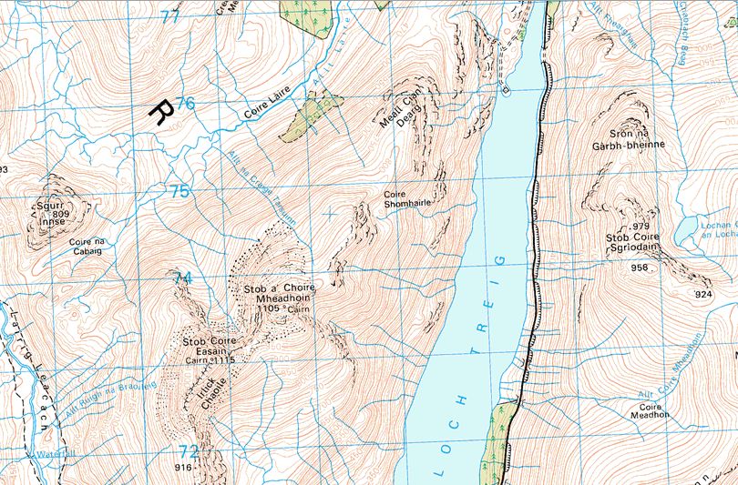 Location Map & Access Route for Stob a Choire Mheadhoin and Stob Coire Easain above Loch Treig in the Highlands of Scotland