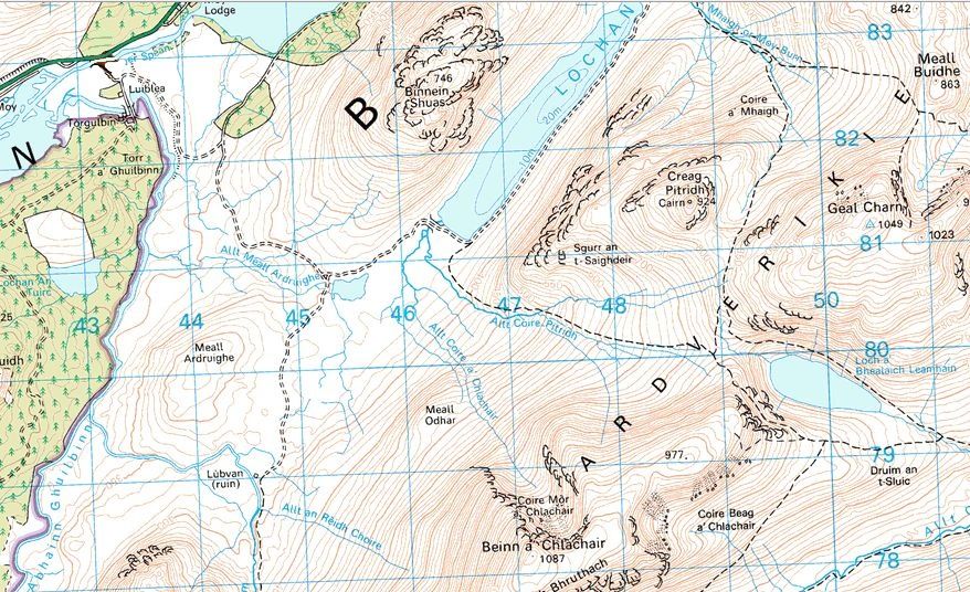 Map for Creag Piridh, Geall Charn and Beinn a Chlachair