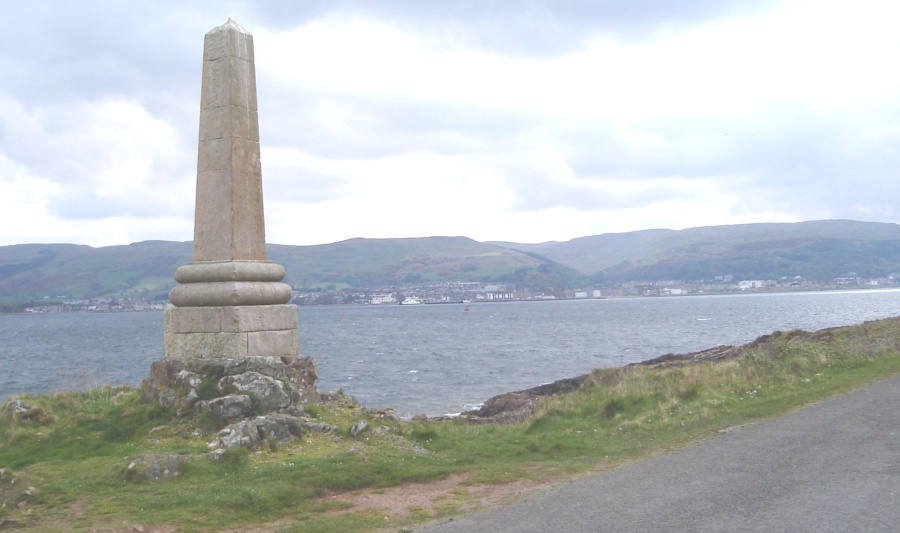 Largs and Ayrshire coastline from Monument at Tormont End on Isle of Cumbrae in the Firth of Clyde