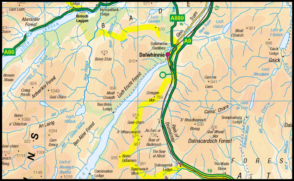 Map of Carn na Caim and A'Bhuidheanach Bheag in the Cairngorms Massif