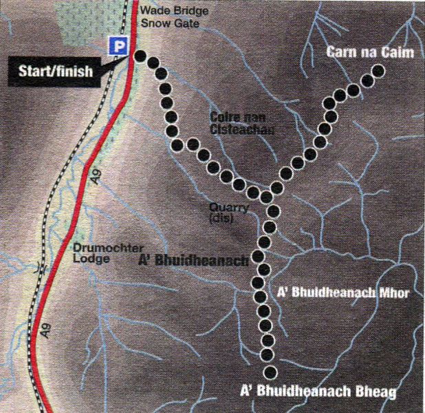 Route Map of Carn na Caim and A'Bhuidheanach Bheag in the Cairngorms Massif