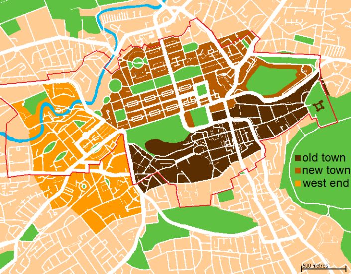 Map of Edinburgh showing Old Town, New Town and West End