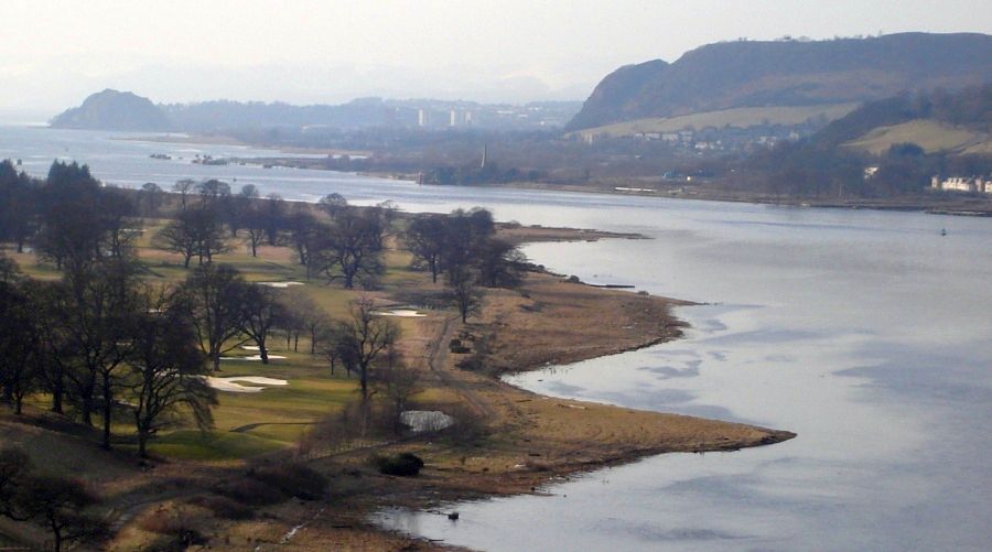 Dumbarton Rock, Dumbuck Crags and River Clyde from the Erskine Bridge