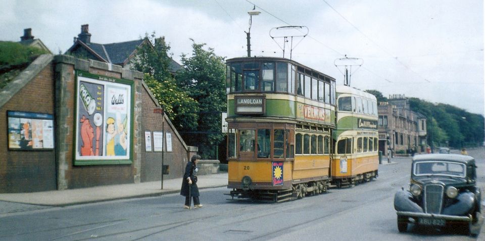 "Standard" tram on the Airdrie service from Langloan in front of a "Coronation" tram